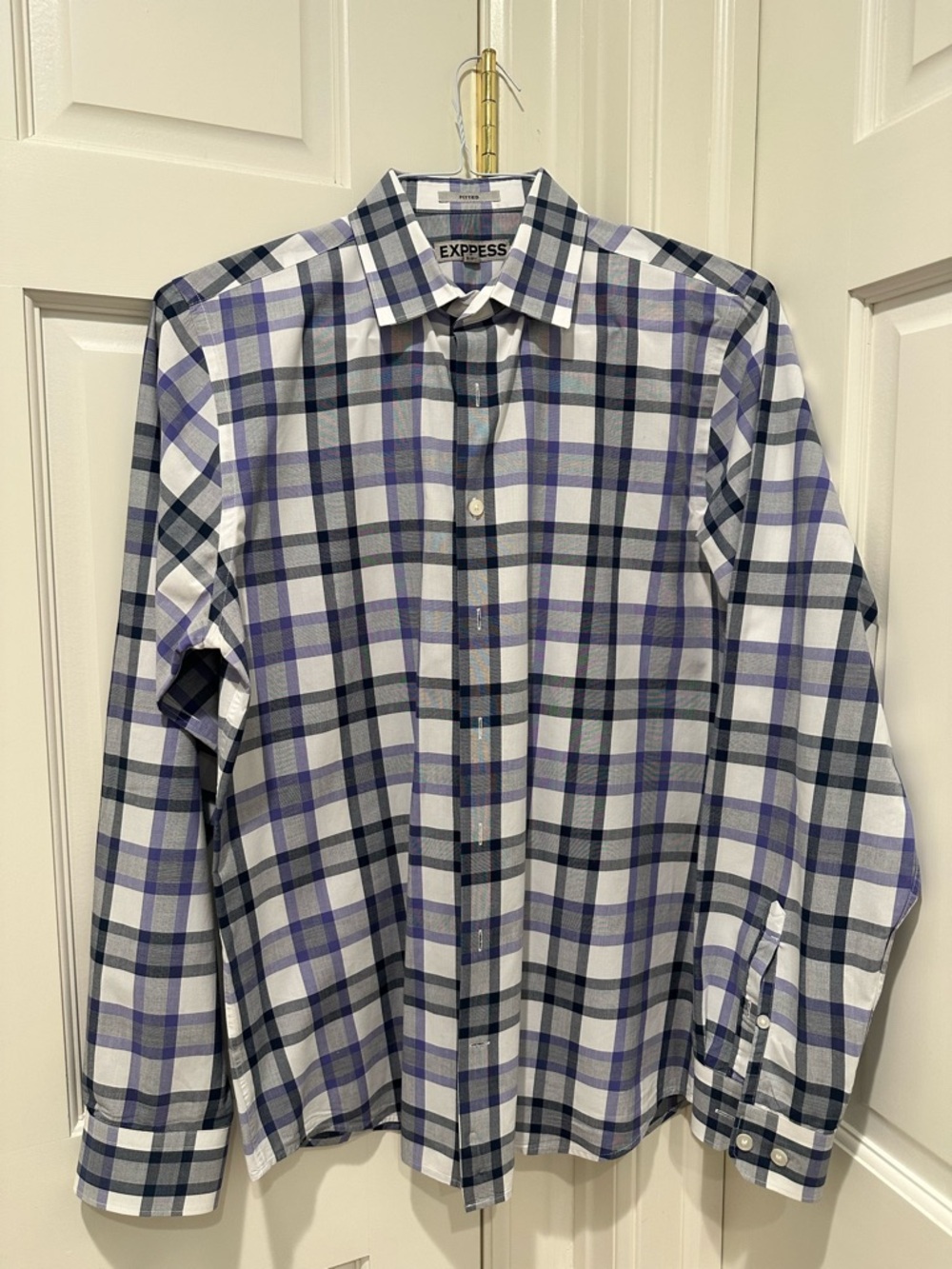 Express Men's White and Purple Plaid Button-Down Shirt